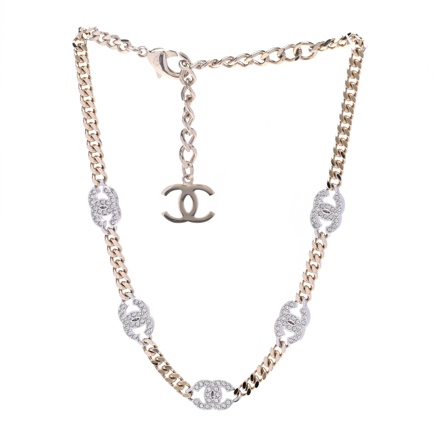 Chanel Crystal Chain CC Necklace Gold Silver 3 of 6