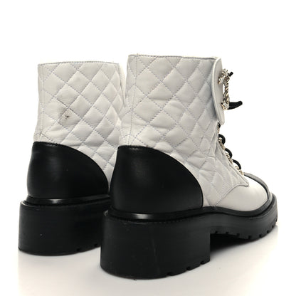 Chanel Shiny Lambskin Quilted Lace Up Combat Boots 39.5 White Black 4 of 11