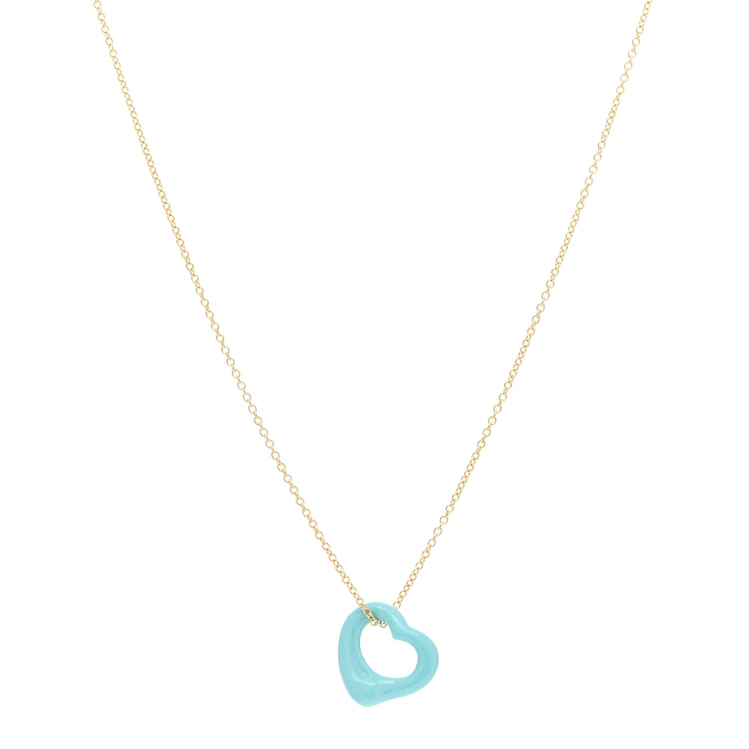 Tiffany 18K Yellow Gold Turquoise Elsa Peretti Open Heart Pendant Necklace 1 of 7