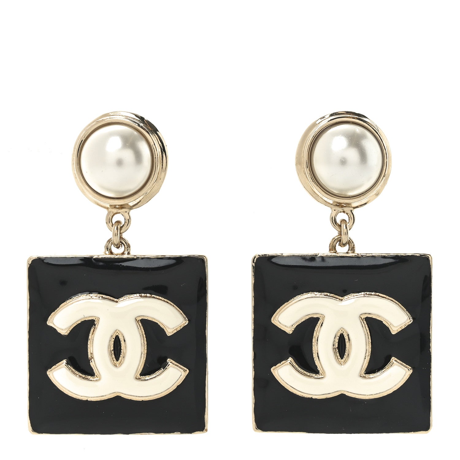 Chanel Metal Resin Pearl CC Drop Earrings Gold Black White 1 of 4