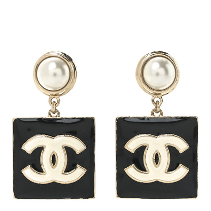 Chanel Metal Resin Pearl CC Drop Earrings Gold Black White 1 of 4