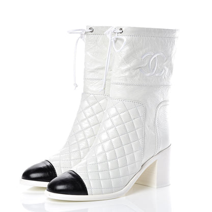 Chanel Crumpled Calfskin Quilted Cap Toe Short Boots 37.5 White Black 3 of 9
