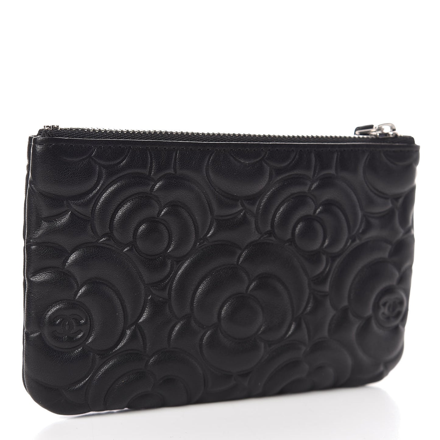 Goatskin Camellia Embossed Cosmetic Pouch Black