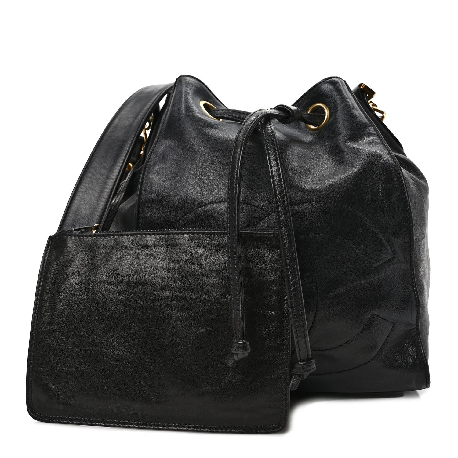 Chanel Lambskin CC Stitched Drawstring Bucket Bag Dark Brown 1 of 12