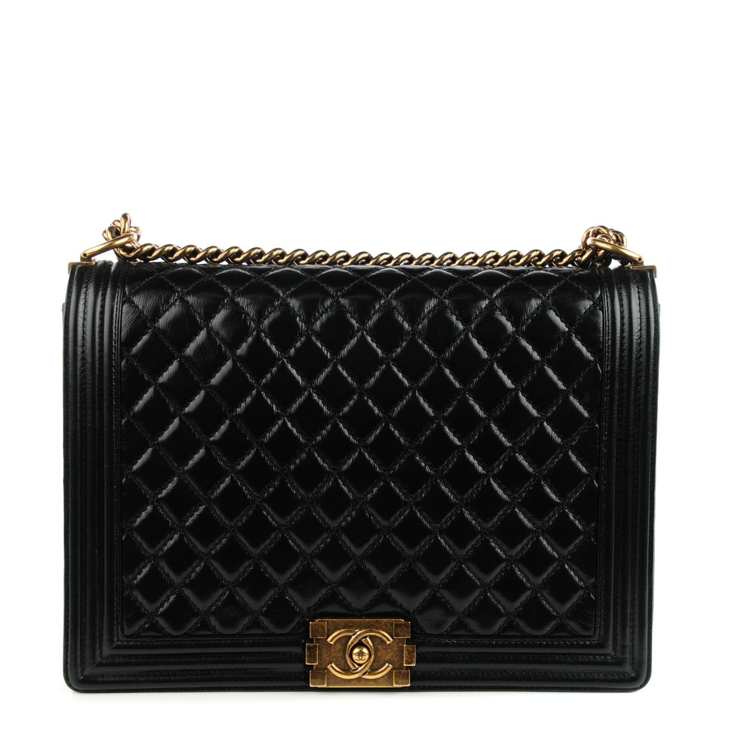 Glazed Calfskin Quilted Large Boy Flap Black