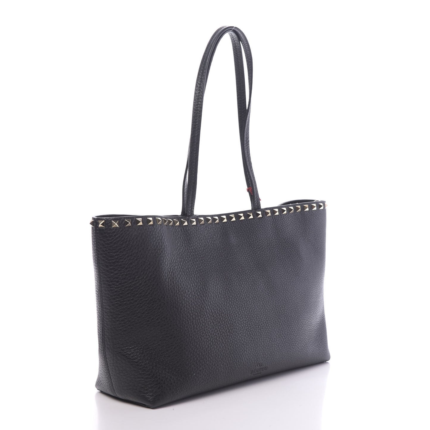 Grained Calfskin Small Rockstud Shoulder Tote Black