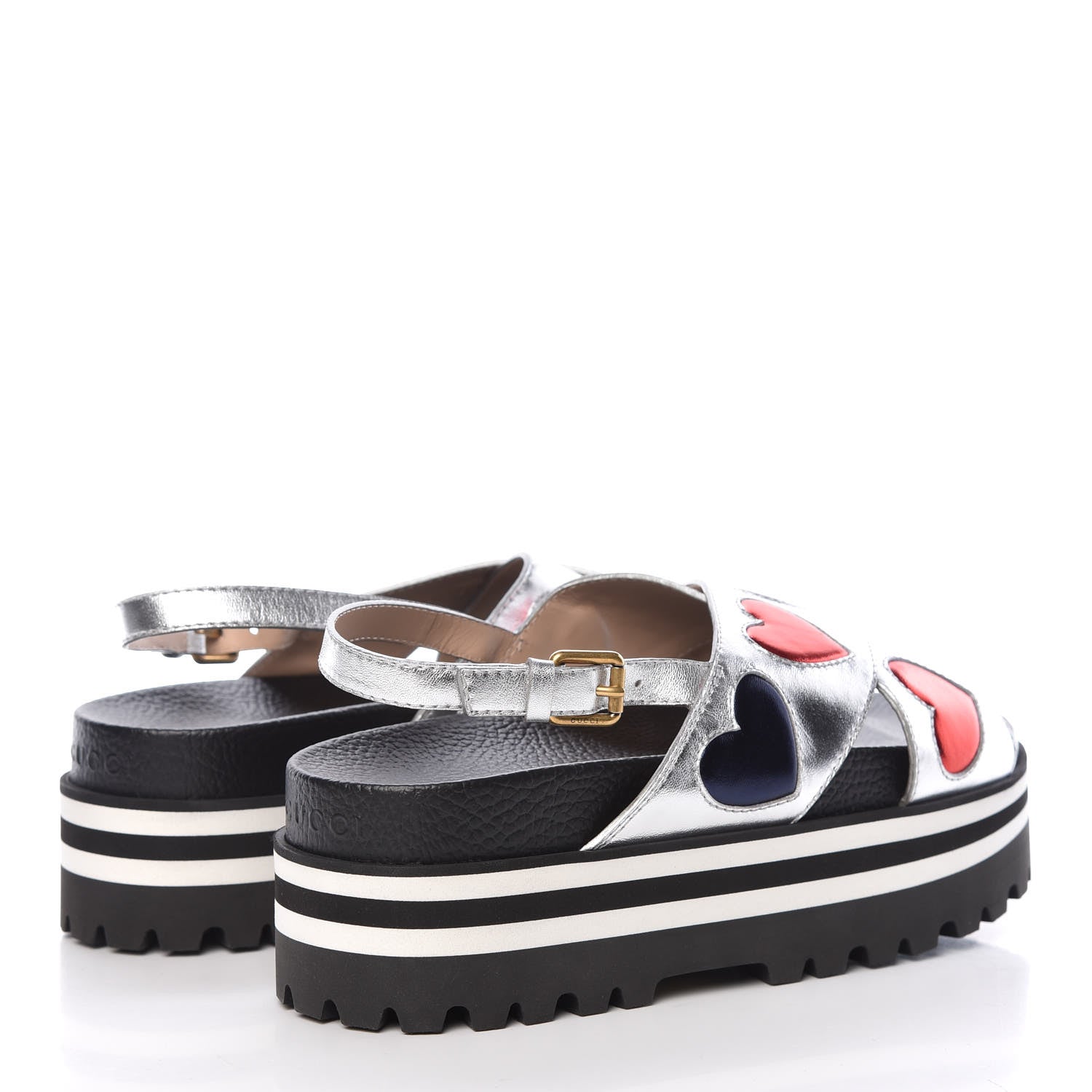 Gucci Metallic Nappa Silk Sunrise Heart Crossover Platform Lug Sole Sandals 38.5 Argento 4 of 8