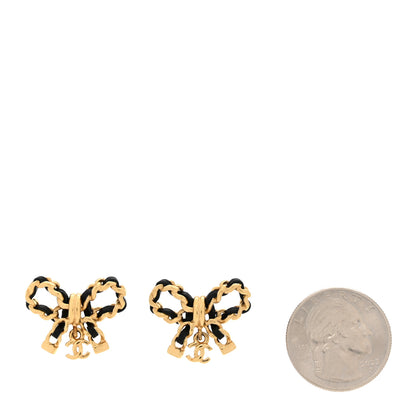 Chanel Lambskin Chain Bow Stud Earrings Black Gold 2 of 5