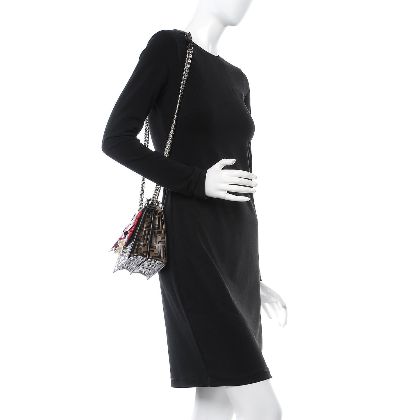 Vitello Shiny Nappa Bi-Color FF 1974 Lace Up Bow Embossed Small Kan I Shoulder Bag Maya Black Fragola