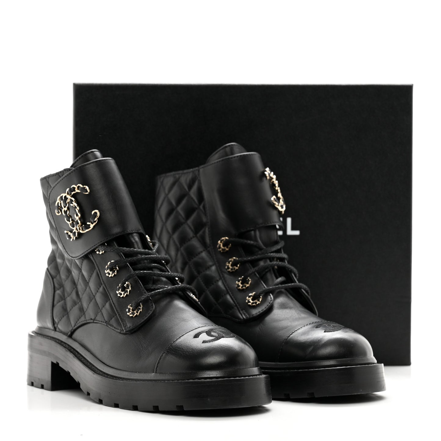 Shiny Lambskin Quilted Lace Up Combat Boots 39 Black