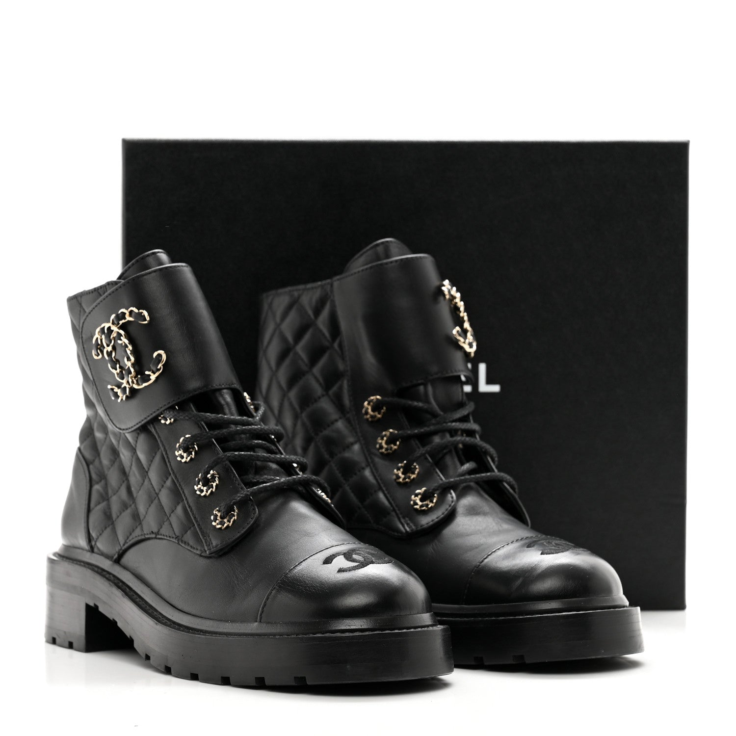 Chanel Shiny Lambskin Quilted Lace Up Combat Boots 39 Black 9 of 10