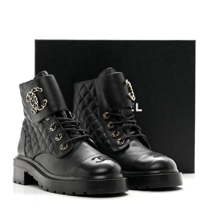 Chanel Shiny Lambskin Quilted Lace Up Combat Boots 39 Black 9 of 10