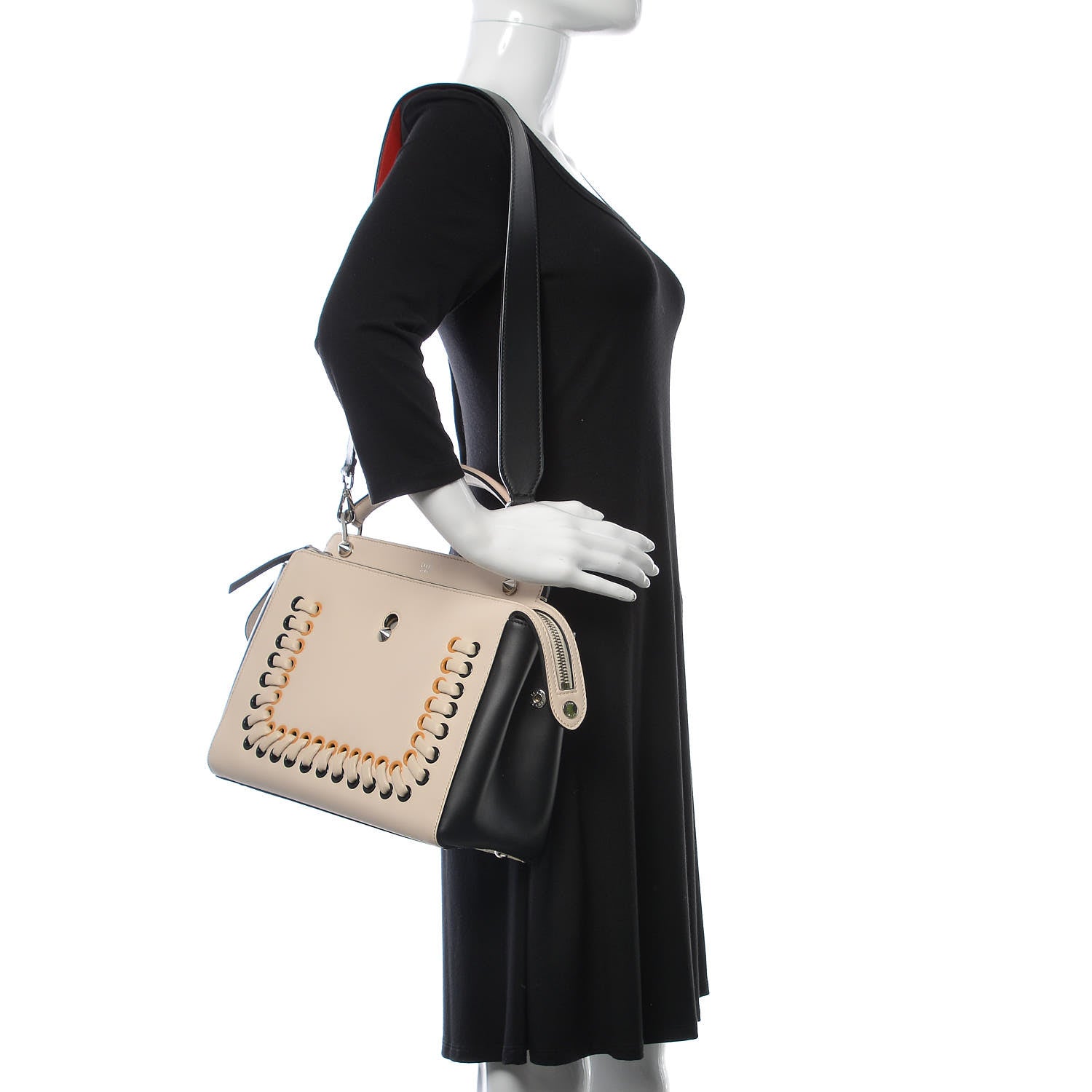 Fendi Vitello Baltico Shiny Nappa Lace Up DotCom Satchel Camelia Black Multicolor 2 of 15