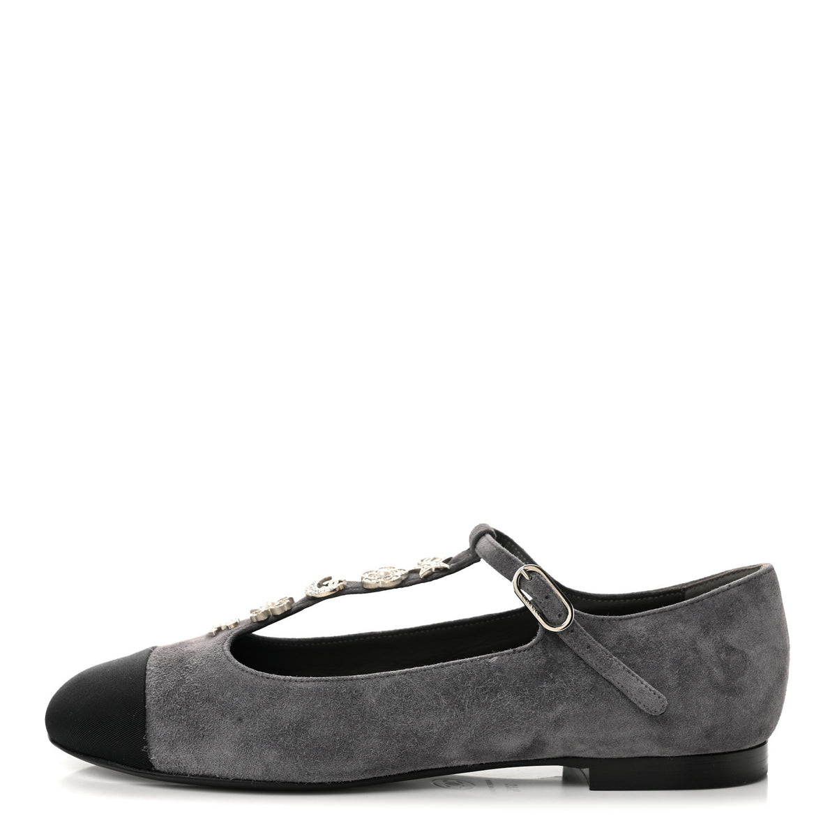 Chanel Suede Grosgrain Crystal Pearl Crystal Cap Toe T Strap CC Mary Jane Flats  37.5 Grey Black 1 of 9