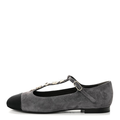 Chanel Suede Grosgrain Crystal Pearl Crystal Cap Toe T Strap CC Mary Jane Flats  37.5 Grey Black 1 of 9