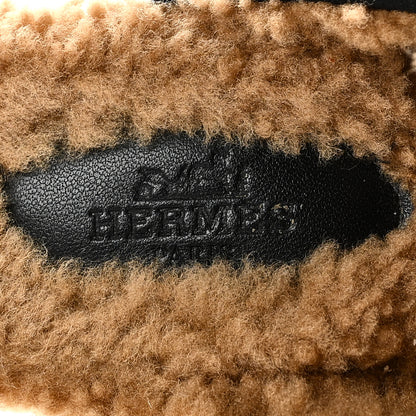 Hermes Suede Goatskin Woolskin Flore 60 Mules 36.5 Black Camel 7 of 10