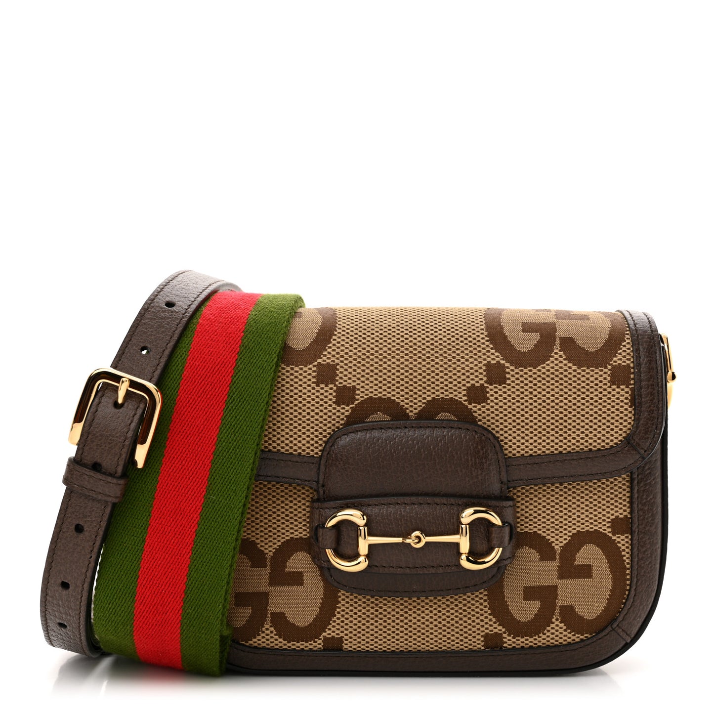 Monogram Jumbo GG Textured Dollar Calfskin Web Mini Horsebit 1955 Shoulder Bag Camel Ebony New Acero
