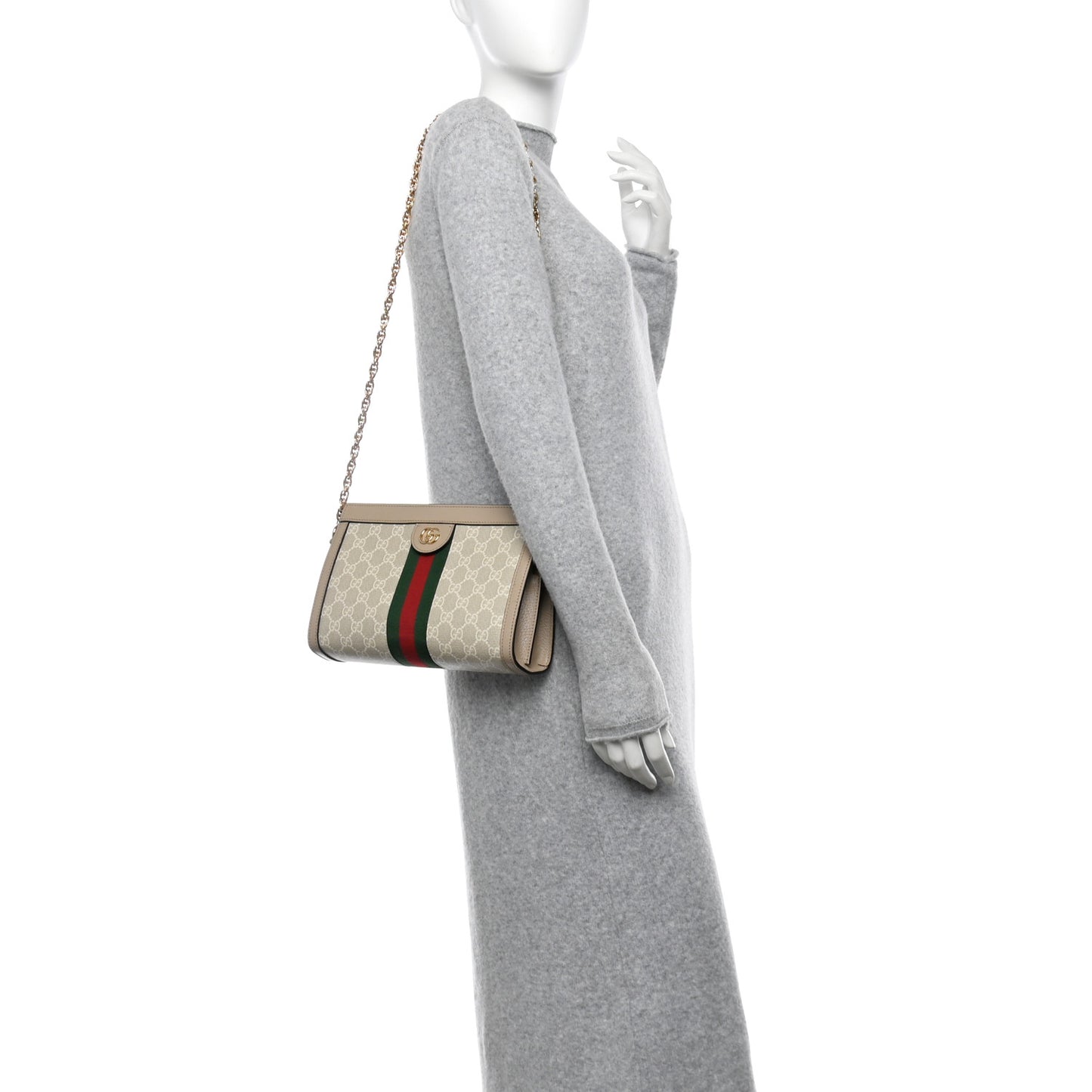 GG Supreme Monogram Textured Dollar Calfskin Web Small Ophidia Chain Shoulder Bag Beige Mystic White Oatmeal