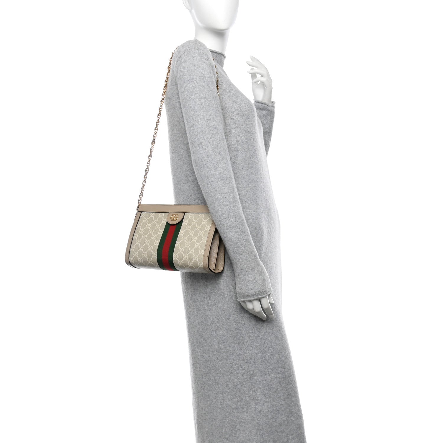 Gucci GG Supreme Monogram Textured Dollar Calfskin Web Small Ophidia Chain Shoulder Bag Beige Mystic White Oatmeal 2 of 10