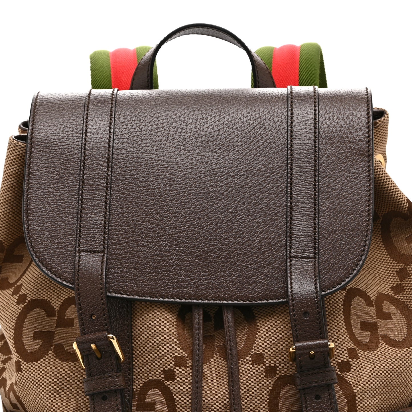 Monogram Jumbo GG Textured Dollar Calfskin Web Double Buckle Backpack Camel Ebony New Acero