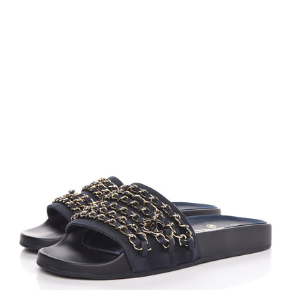 Chanel Satin Chain Flat Sandals 37 Marine 4 of 9