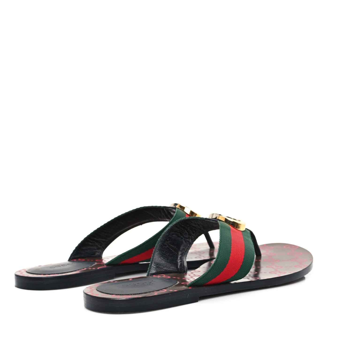 Nylon Calfskin Web GG Monogram Womens Thong Sandals 41 Green Red Cocoa