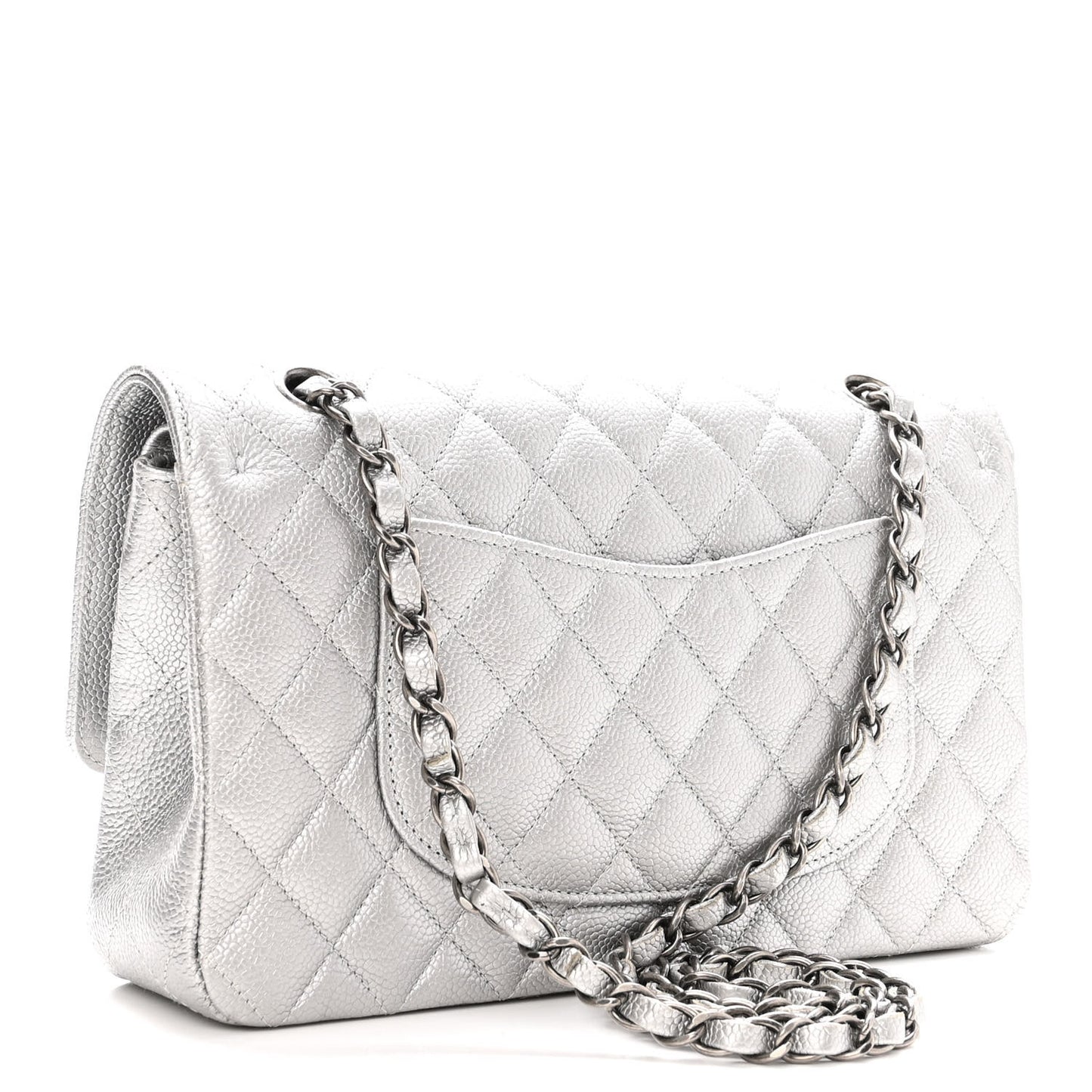 Metallic Caviar Quilted Medium Double Flap Silver