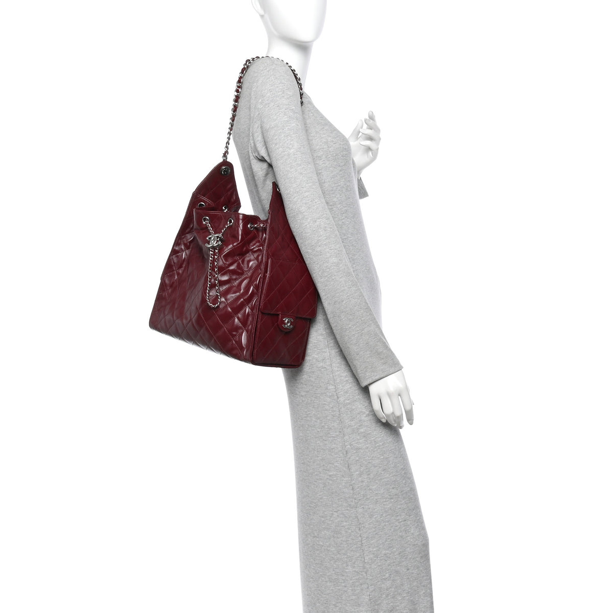 Shiny Crumpled Calfskin Quilted Medium Chanel 25 Handbag Dark Burgundy