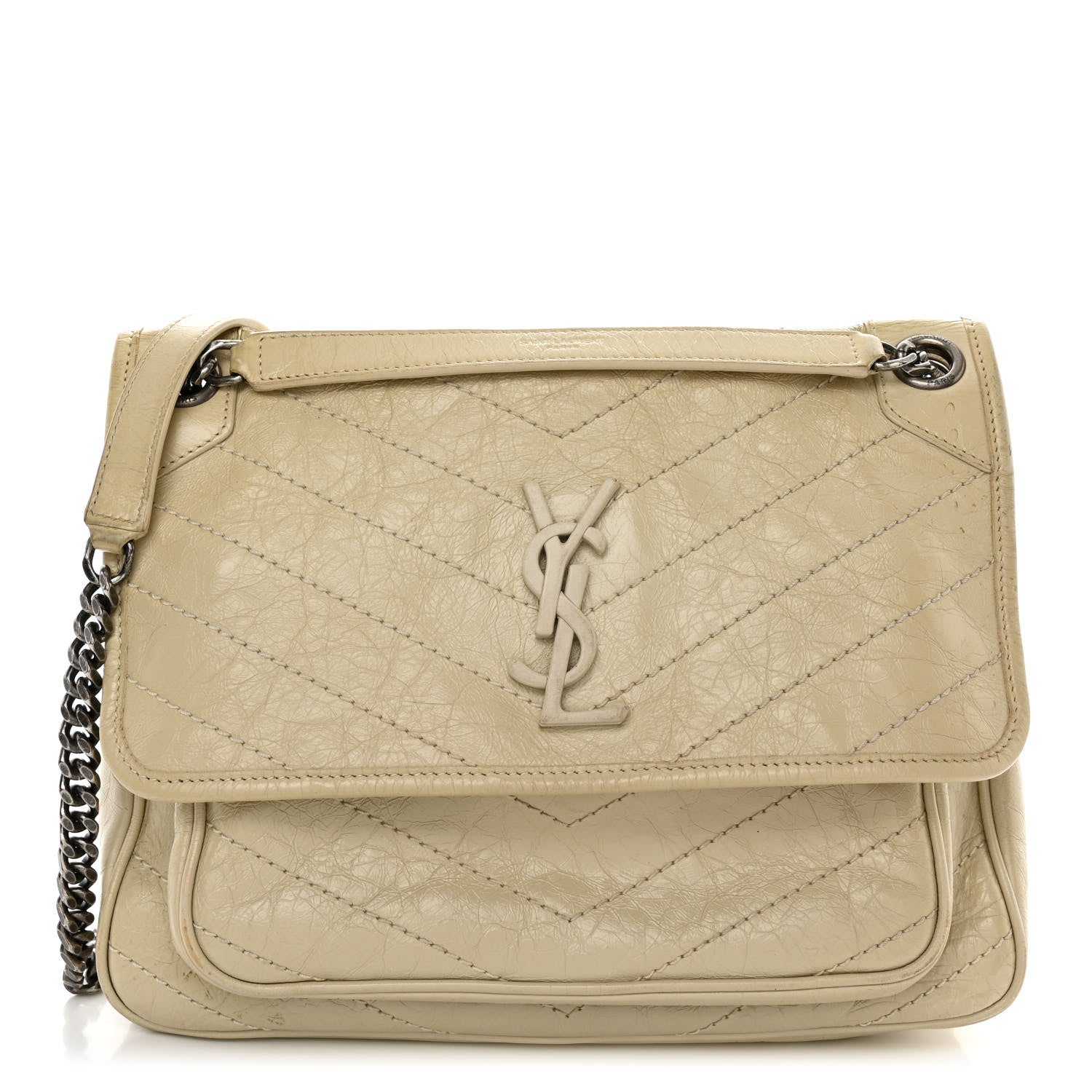 Saint Laurent Crinkled Calfskin Matelasse Monogram Medium Niki Chain Satchel Ivory 1 of 12