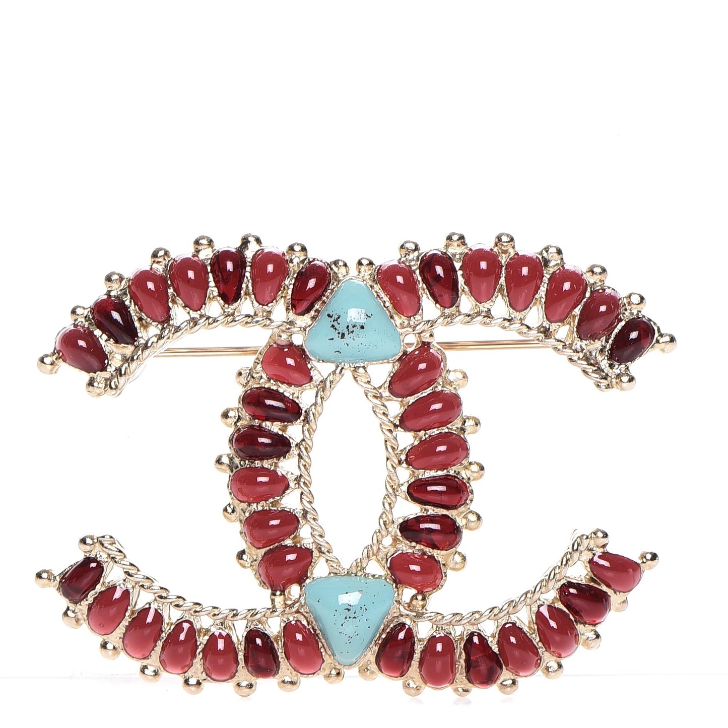 Enamel Gripoix CC Brooch Gold Turquoise Burgundy