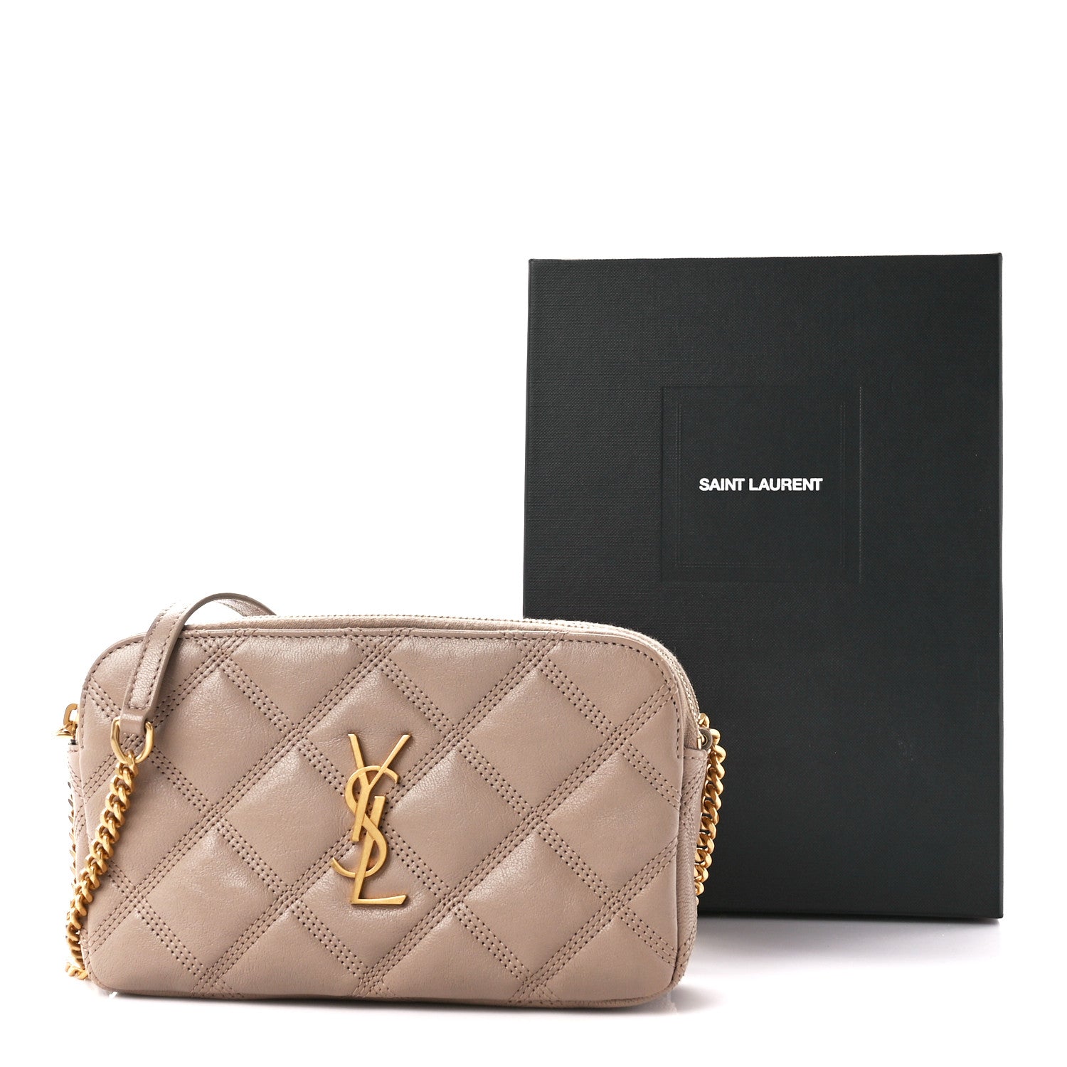 Saint Laurent Grained Lambskin Quilted Mini Becky Double Zip Bag Dark Beige 13 of 13