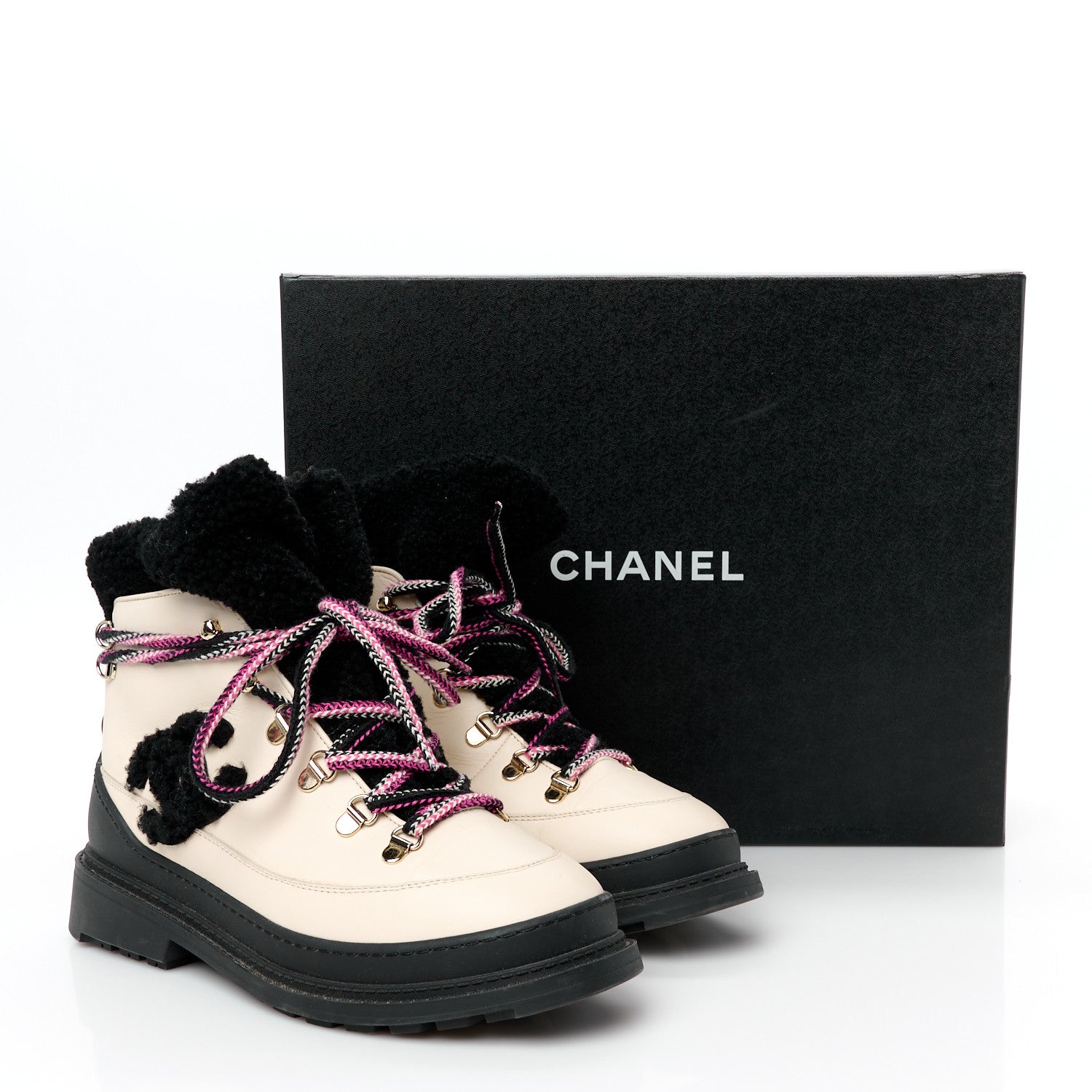 Chanel Calfskin Shearling CC Lace Up Boots 38 Black White 10 of 10