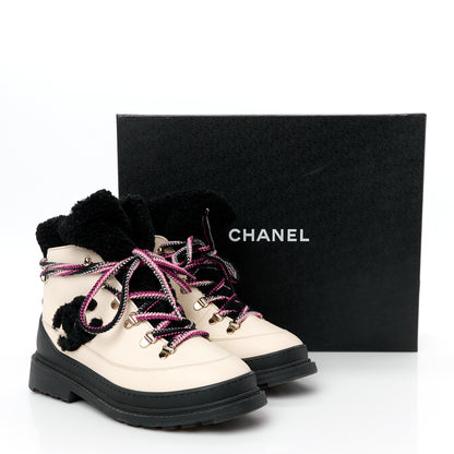 Chanel Calfskin Shearling CC Lace Up Boots 38 Black White 10 of 10