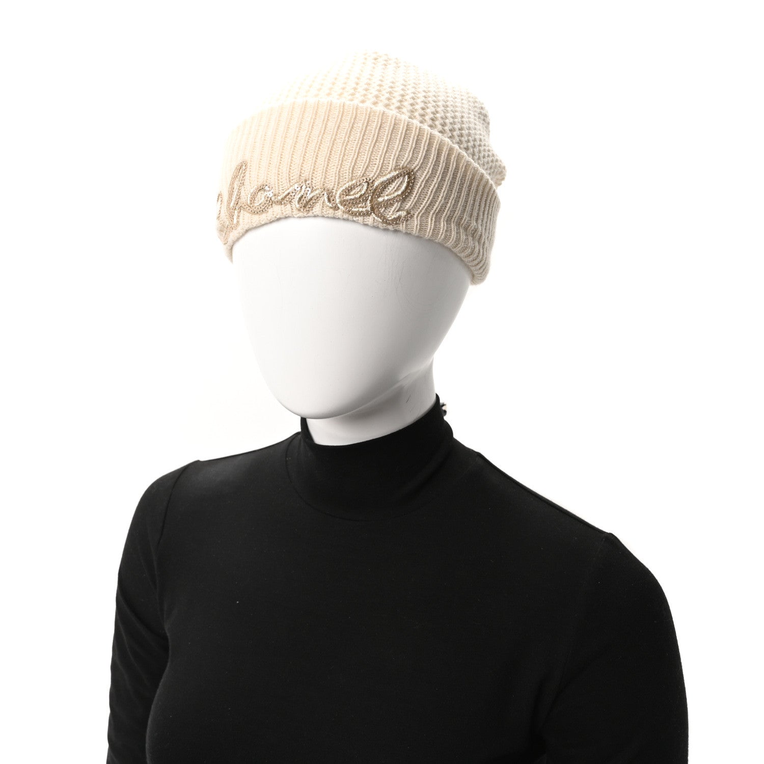 Chanel Cashmere Sequin Logo Beanie Hat Ivory Gold 2 of 5