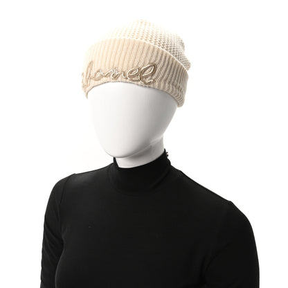 Chanel Cashmere Sequin Logo Beanie Hat Ivory Gold 2 of 5