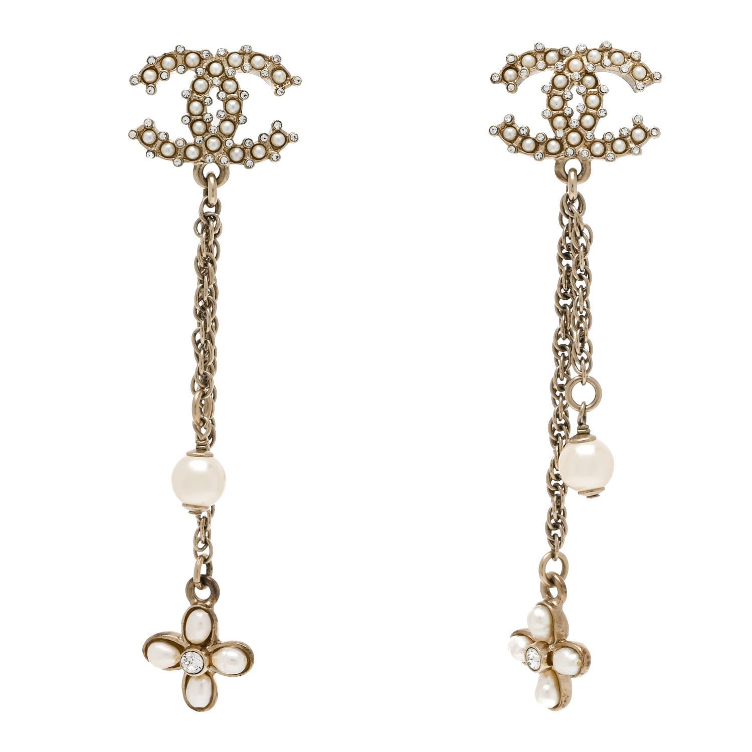 Chanel Pearl Chain Camellia CC Drop Earrings Pearly White Gold 1 of 4