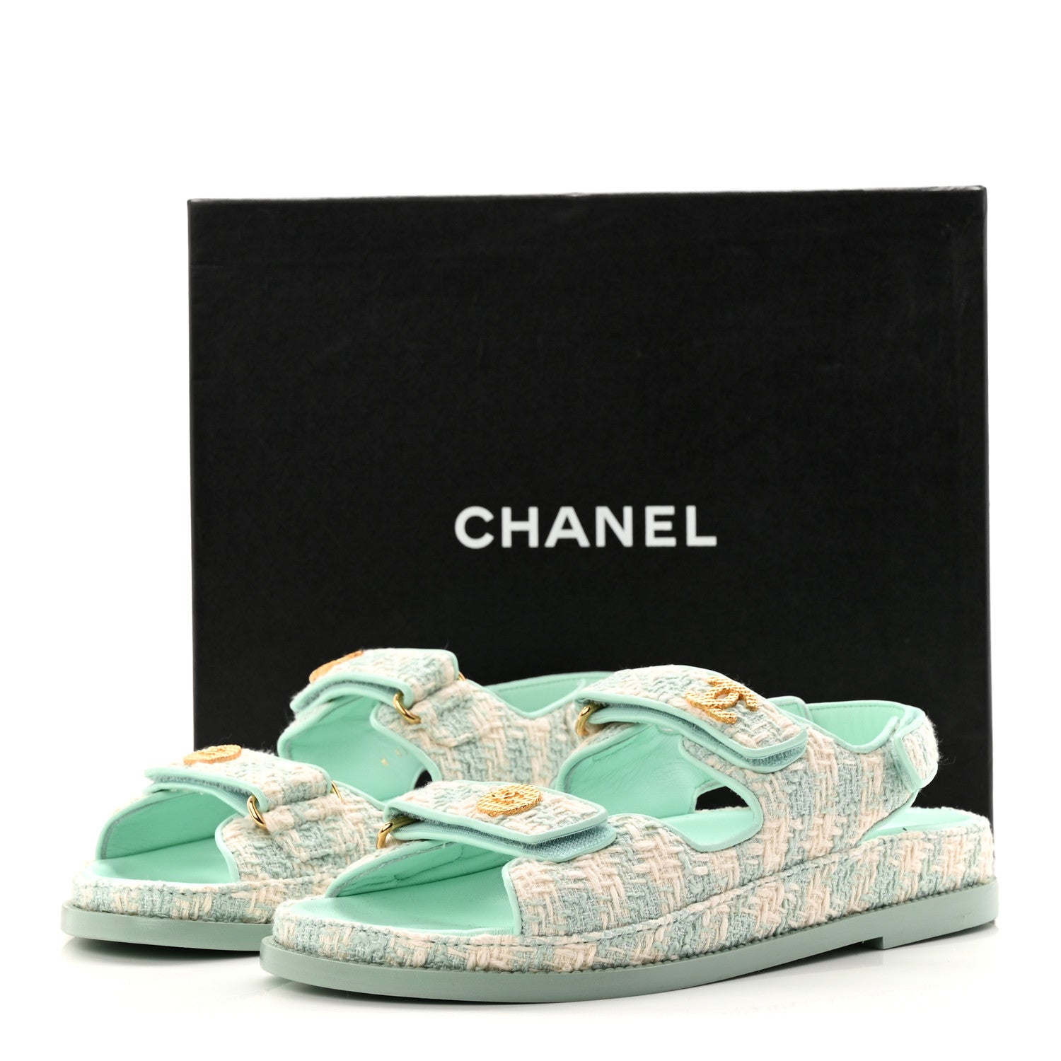 Chanel Wool Tweed Velcro Dad Sandals 37.5 Light Blue Ivory 9 of 9