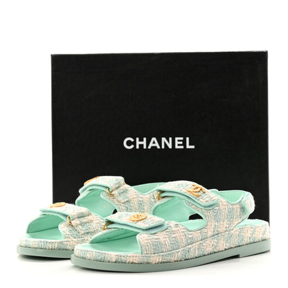 Chanel Wool Tweed Velcro Dad Sandals 37.5 Light Blue Ivory 9 of 9
