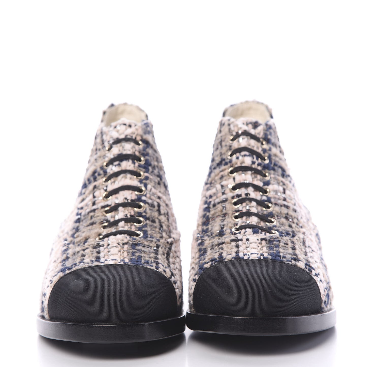 Tweed Grosgrain Cap Toe CC Short Boots 38.5 Beige Black Pink