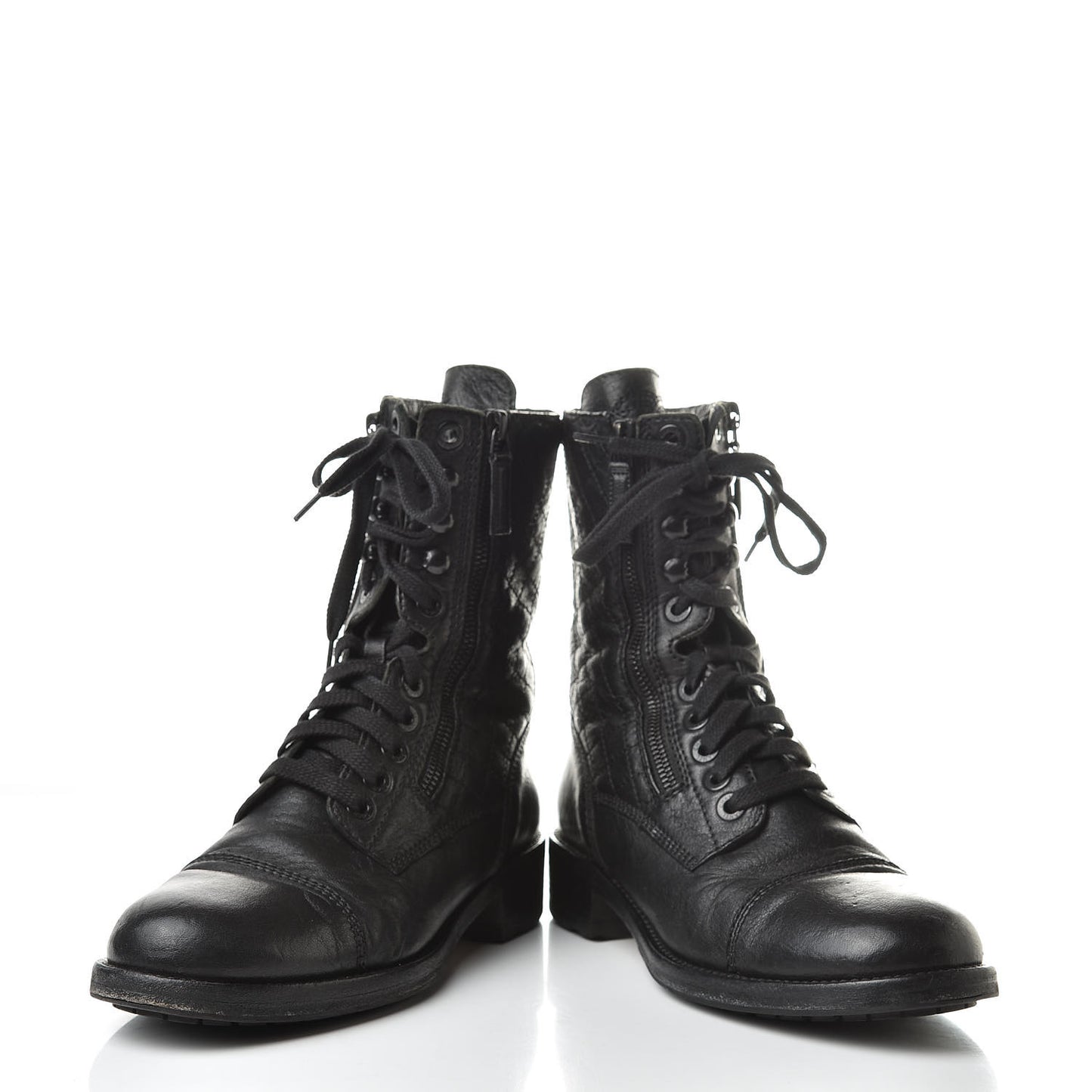 Calfskin Quilted Combat Boots 38.5 Black