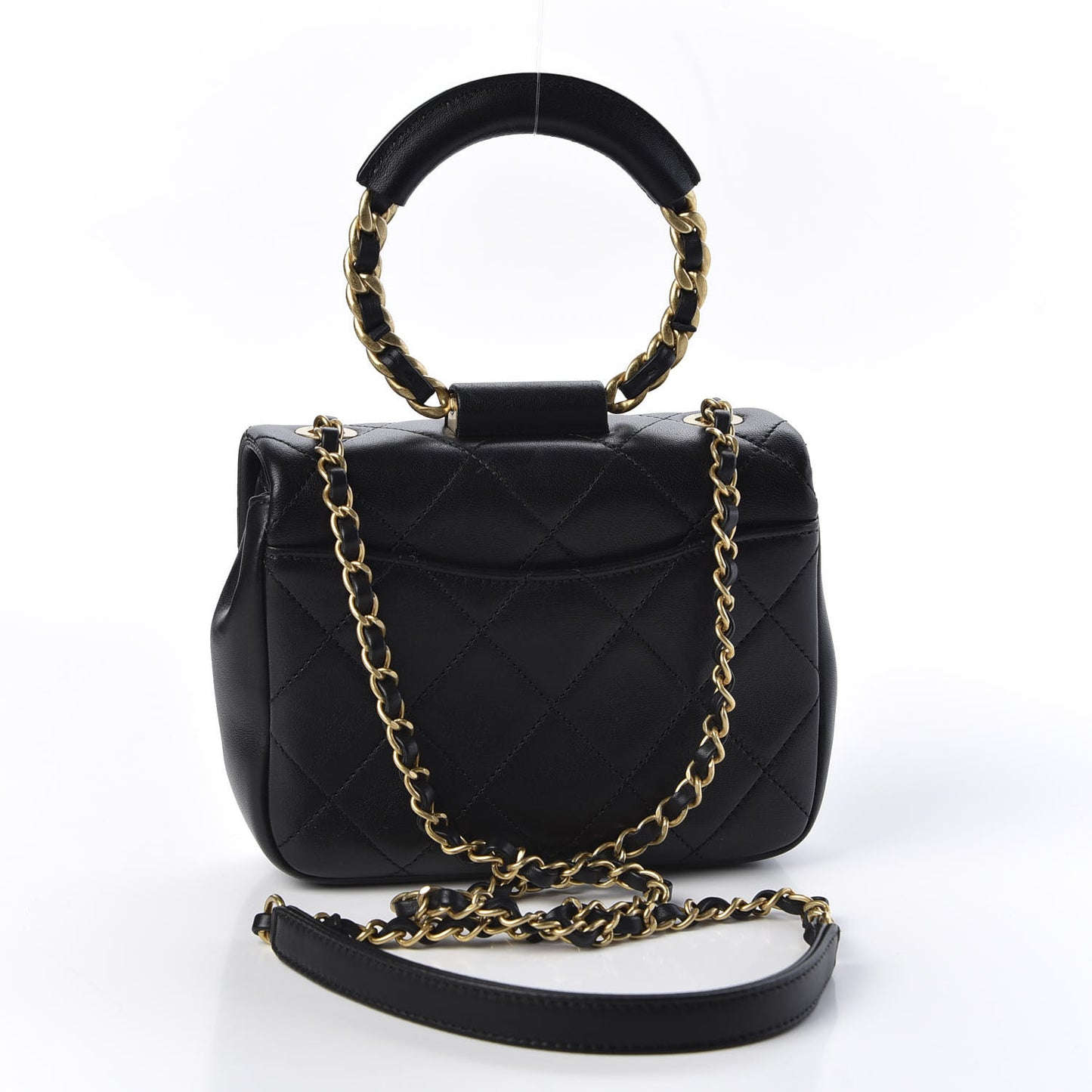 Lambskin Quilted Small Circular Handle Bag Black