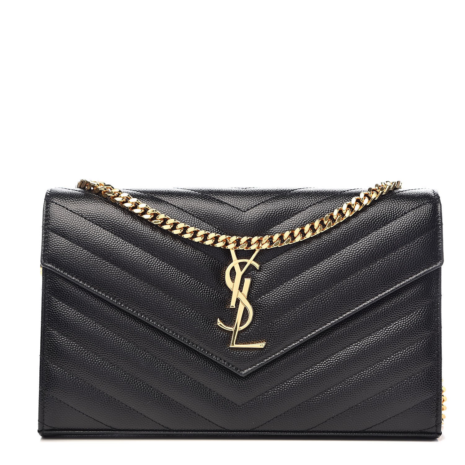 Saint Laurent Grain De Poudre Matelasse Chevron Monogram Chain Wallet Black 1 of 10