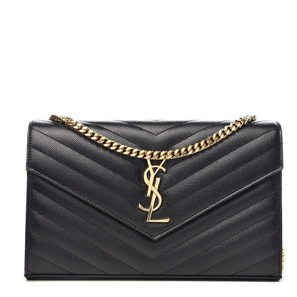 Saint Laurent Grain De Poudre Matelasse Chevron Monogram Chain Wallet Black 1 of 10
