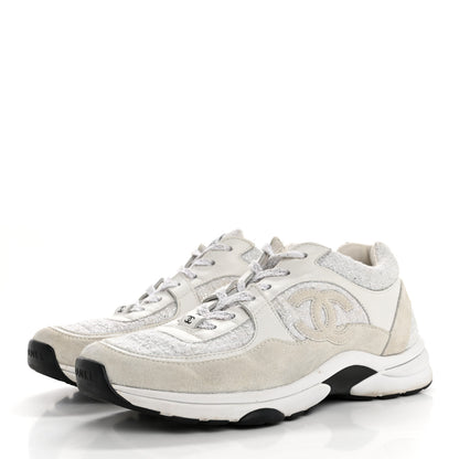 Chanel Painted Iridescent Cotton Tweed Suede Calfskin Womens CC Sneakers 39.5 White Silver Multicolor 4 of 14