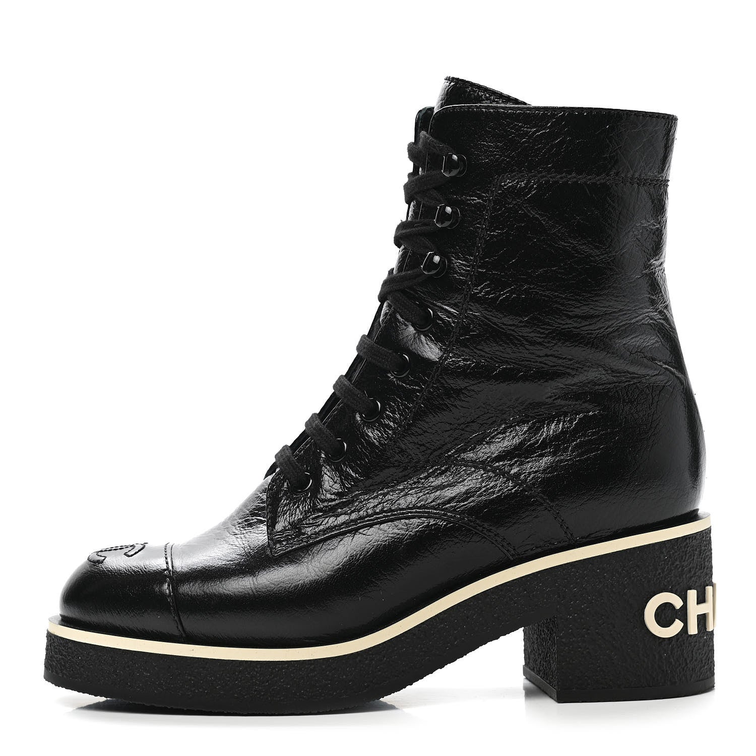 Chanel Shiny Crumpled Lambskin Lace Up Combat Boots 36 Black 1 of 9