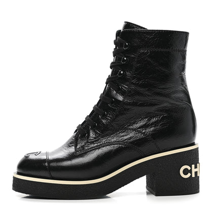 Chanel Shiny Crumpled Lambskin Lace Up Combat Boots 36 Black 1 of 9