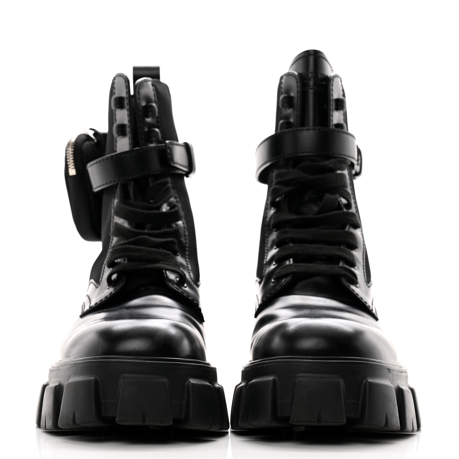 Prada Spazzolato Rois Re-Nylon Metal Triangle Logo Mens Monolith Pouch Pocket 60mm Combat Boots 11 Black 2 of 12