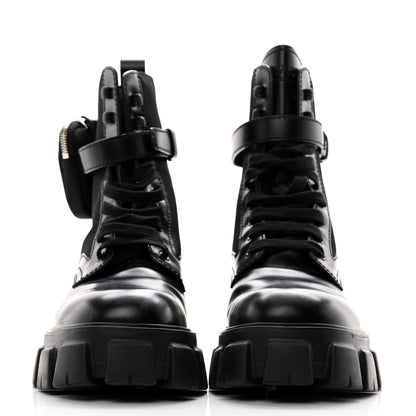 Prada Spazzolato Rois Re-Nylon Metal Triangle Logo Mens Monolith Pouch Pocket 60mm Combat Boots 11 Black 2 of 12