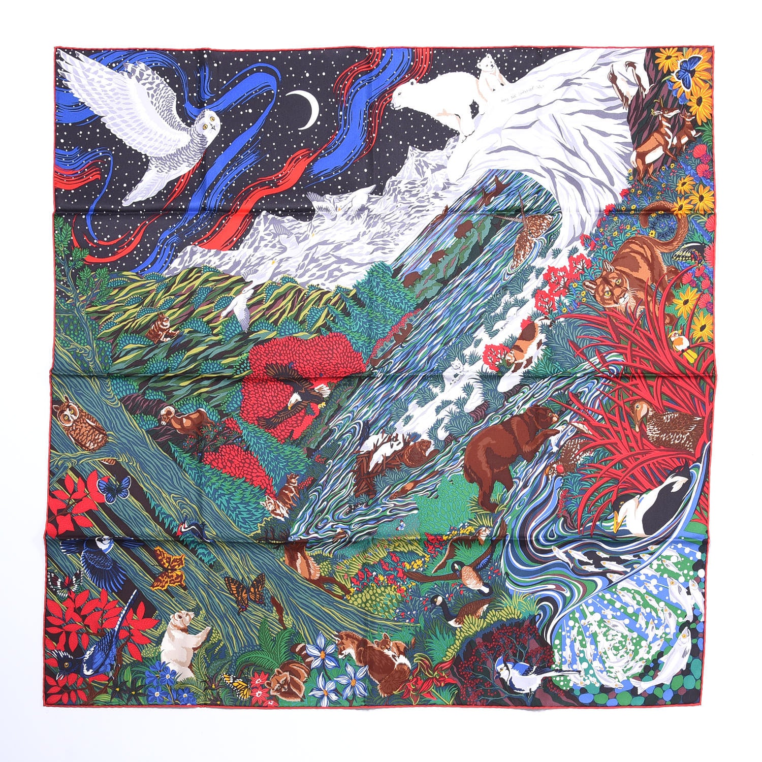 Hermes Silk Into the Canadian Wild Scarf 90 Vert Rouge Brun 1 of 3
