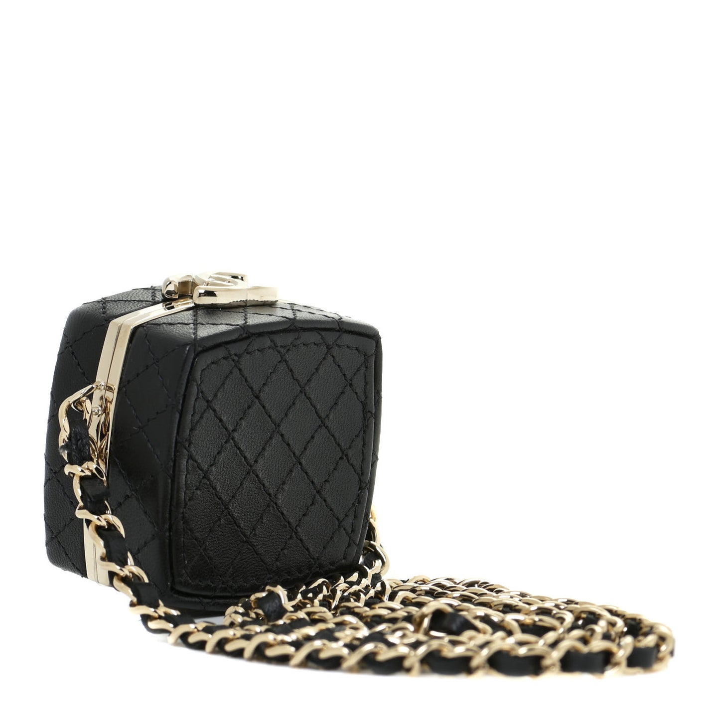 Lambskin Quilted Small Beauty Box Clutch With Chain Black